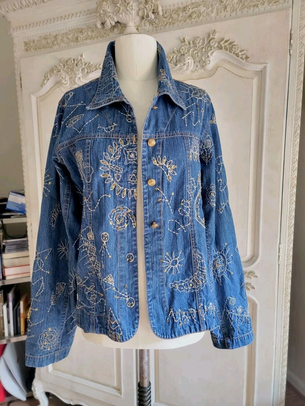 VTG Patchington Lt Weight Denim Jacket Embroidered Peace & Love Sz M
